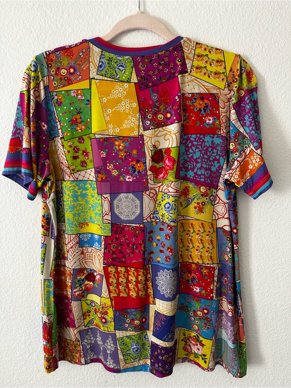 Johnny Was Purple Multicolor Patchwork Floral Tee with Embroidered Label - Picture 2 of 3